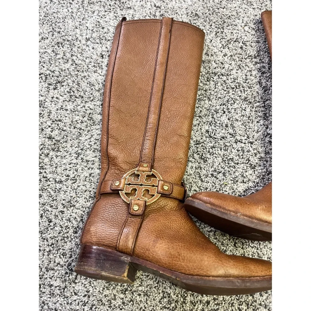 Tory Burch Brown Leather Riding Boots Logo Buckle Knee High Women Size‎ 6